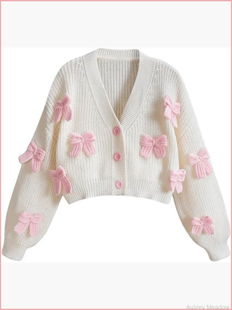 V Neck Cropped Cardigan Sweater Loose Chunky Knit Long Sleeve Button Down